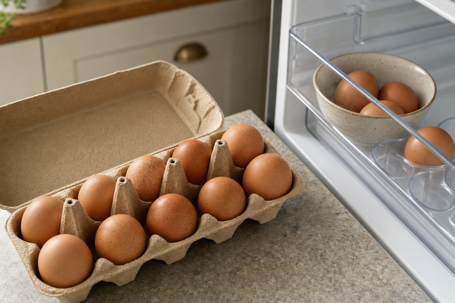 A dozen brown eggs in a carton on a kitchen counter next to an open fridge with more eggs in a bowl inside.
