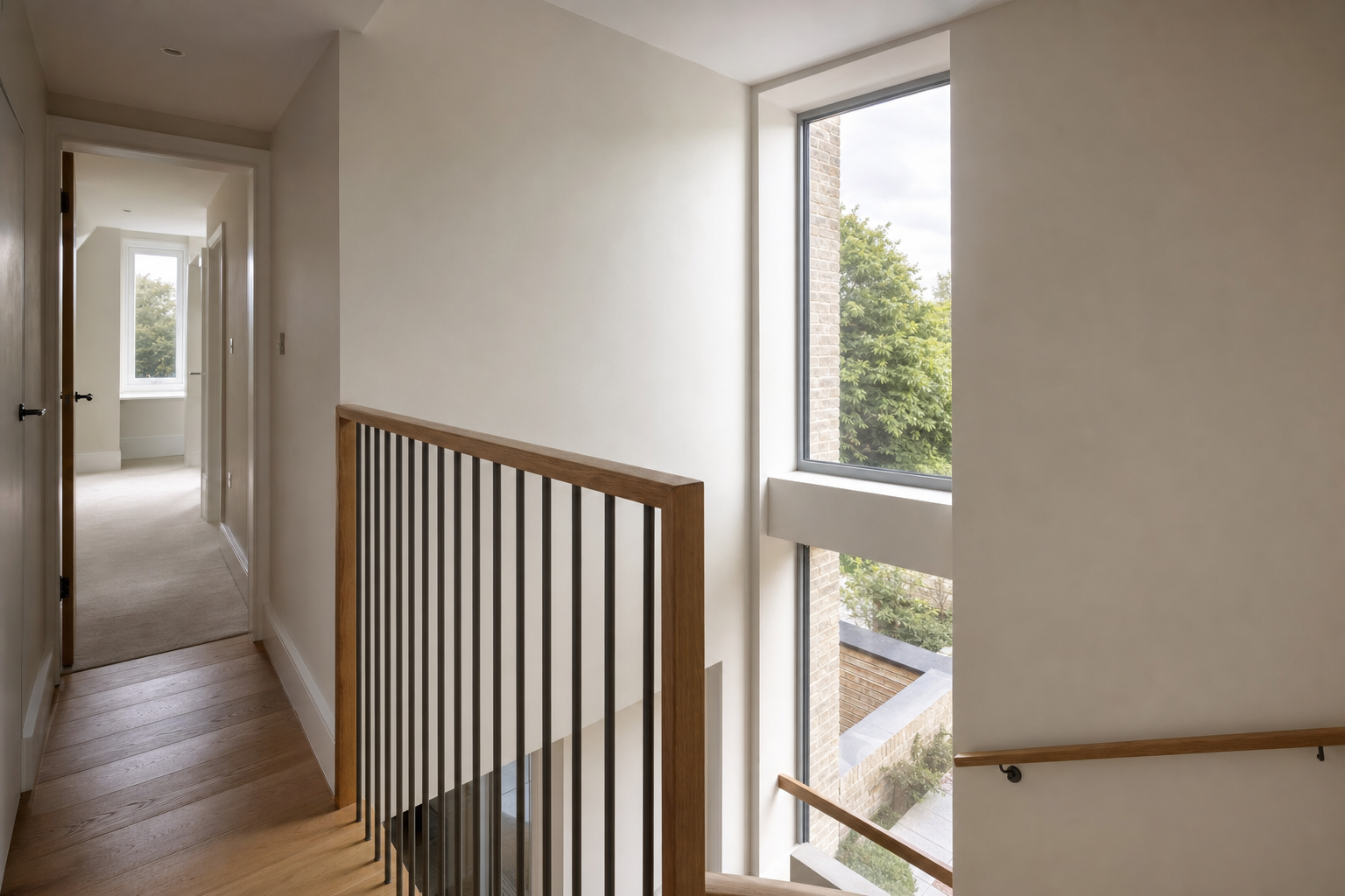 Modern hallway with a wooden staircase, large window, and view of greenery outside.