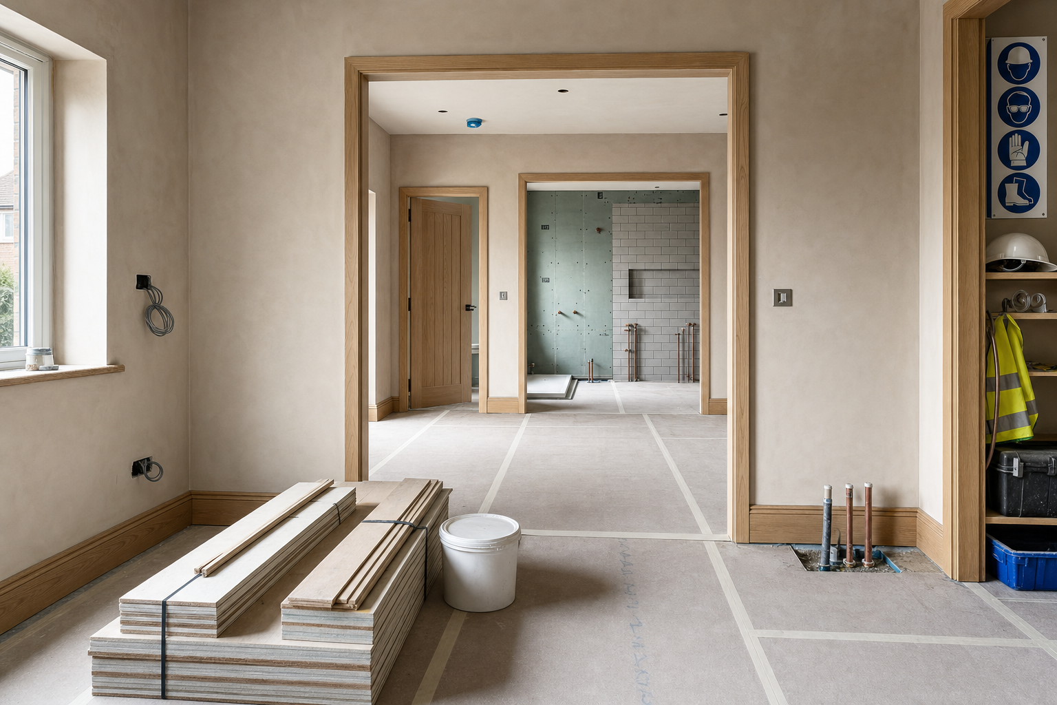 A room under construction with stacked planks, a bucket, and visible plumbing pipes, leading to a partially tiled bathroom.