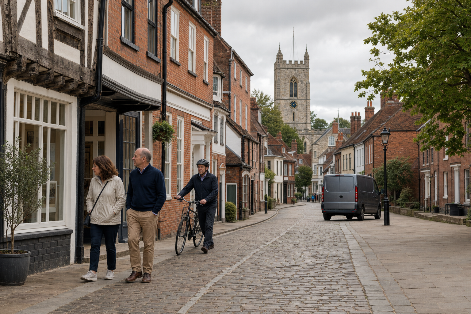 Couple walks past historic buildings while a cyclist rides by on a cobbled street with a church tower in the background.