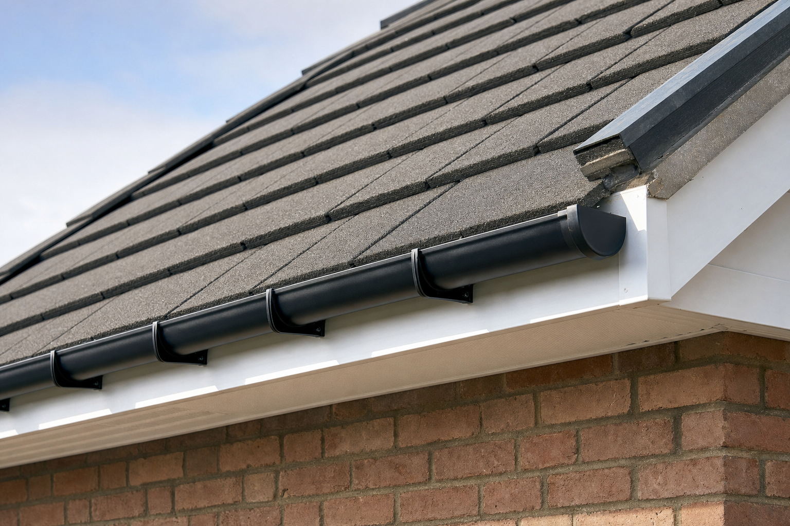 A sloped roof with grey tiles and a black gutter on a brick building.