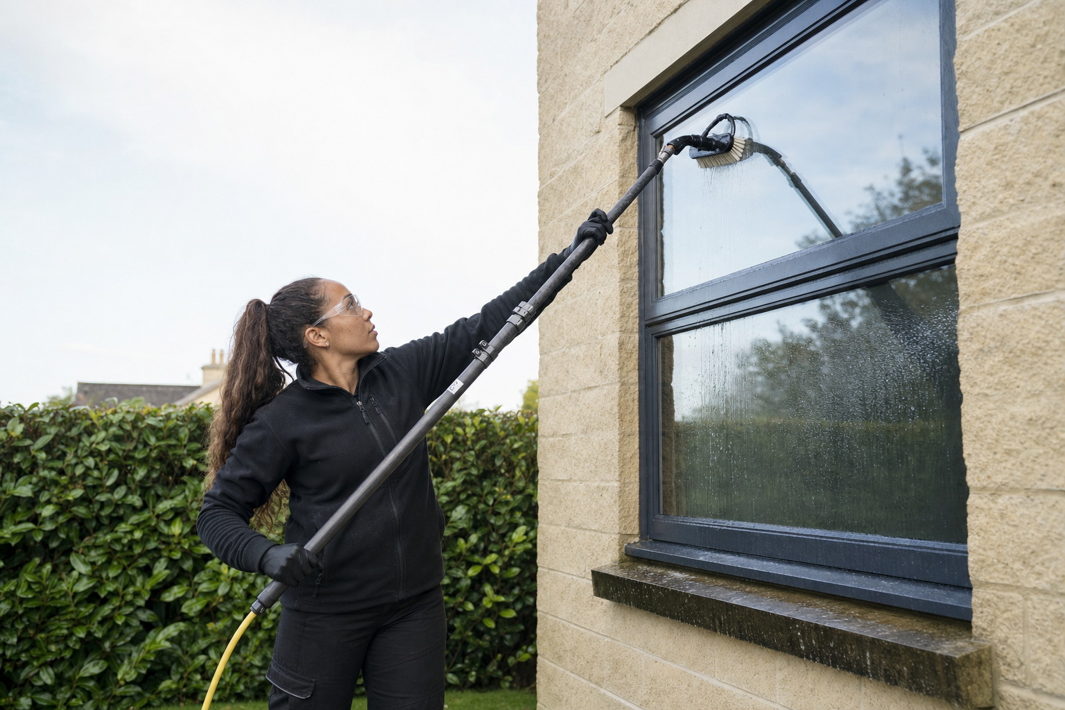 A person wearing protective glasses uses an extendable brush to clean the exterior window of a stone building.