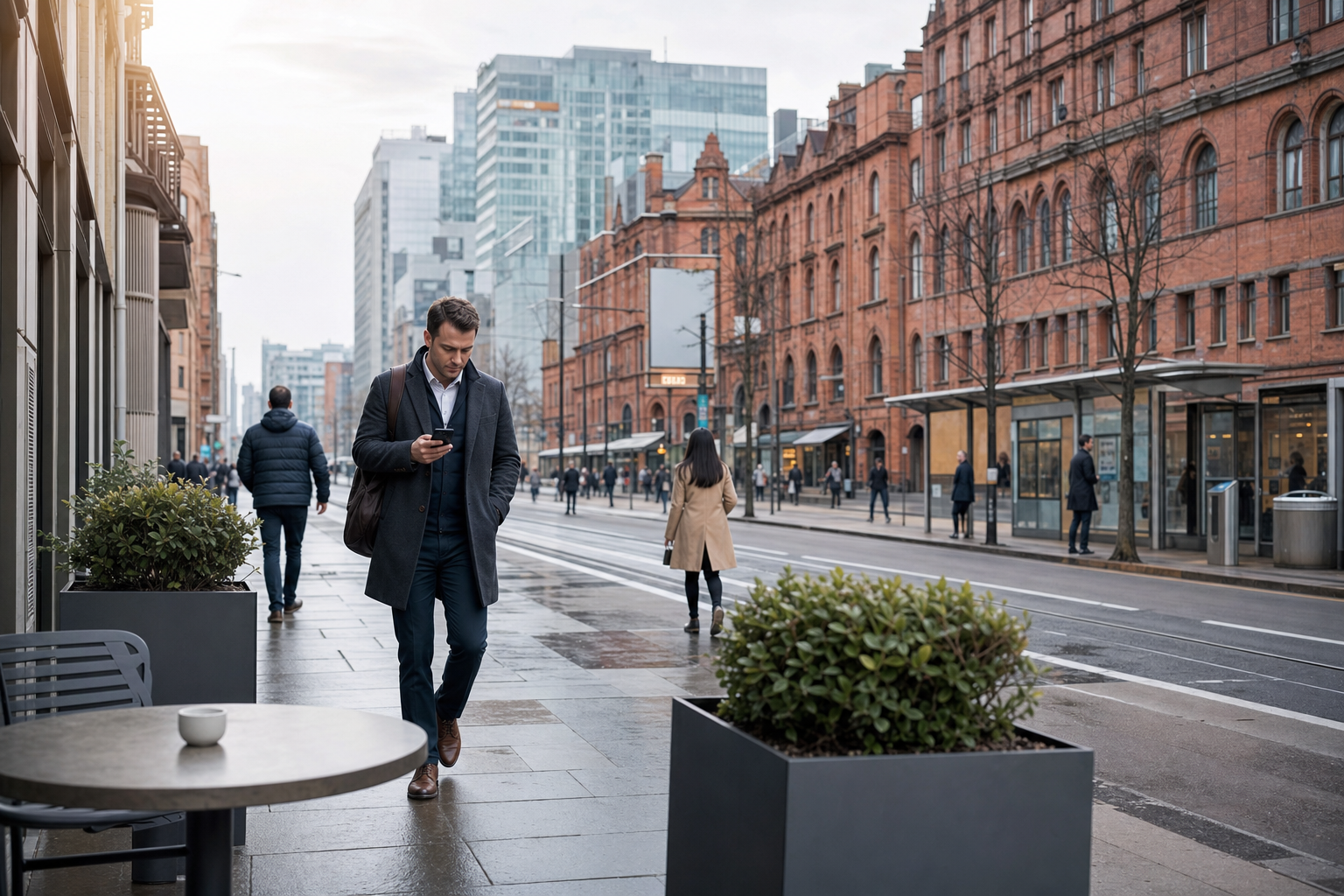 A man in a coat walks on a city street, engrossed in his phone amidst brick buildings and urban scenery.