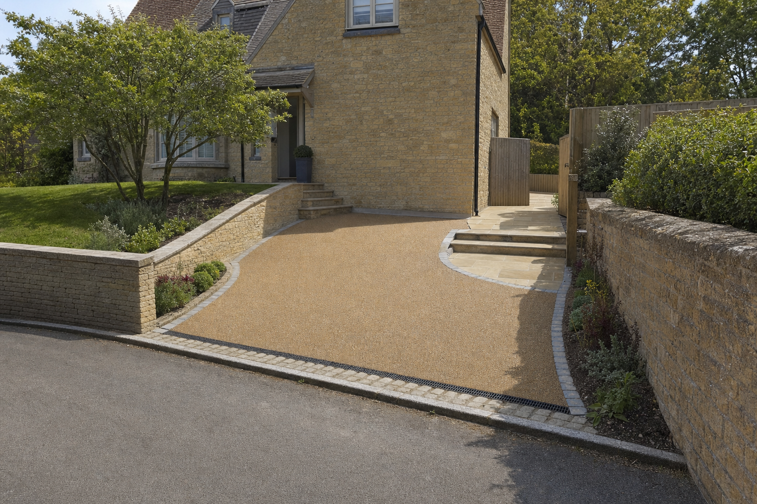 A neatly paved resin driveway leading to a stone house, surrounded by landscaped walls and greenery.