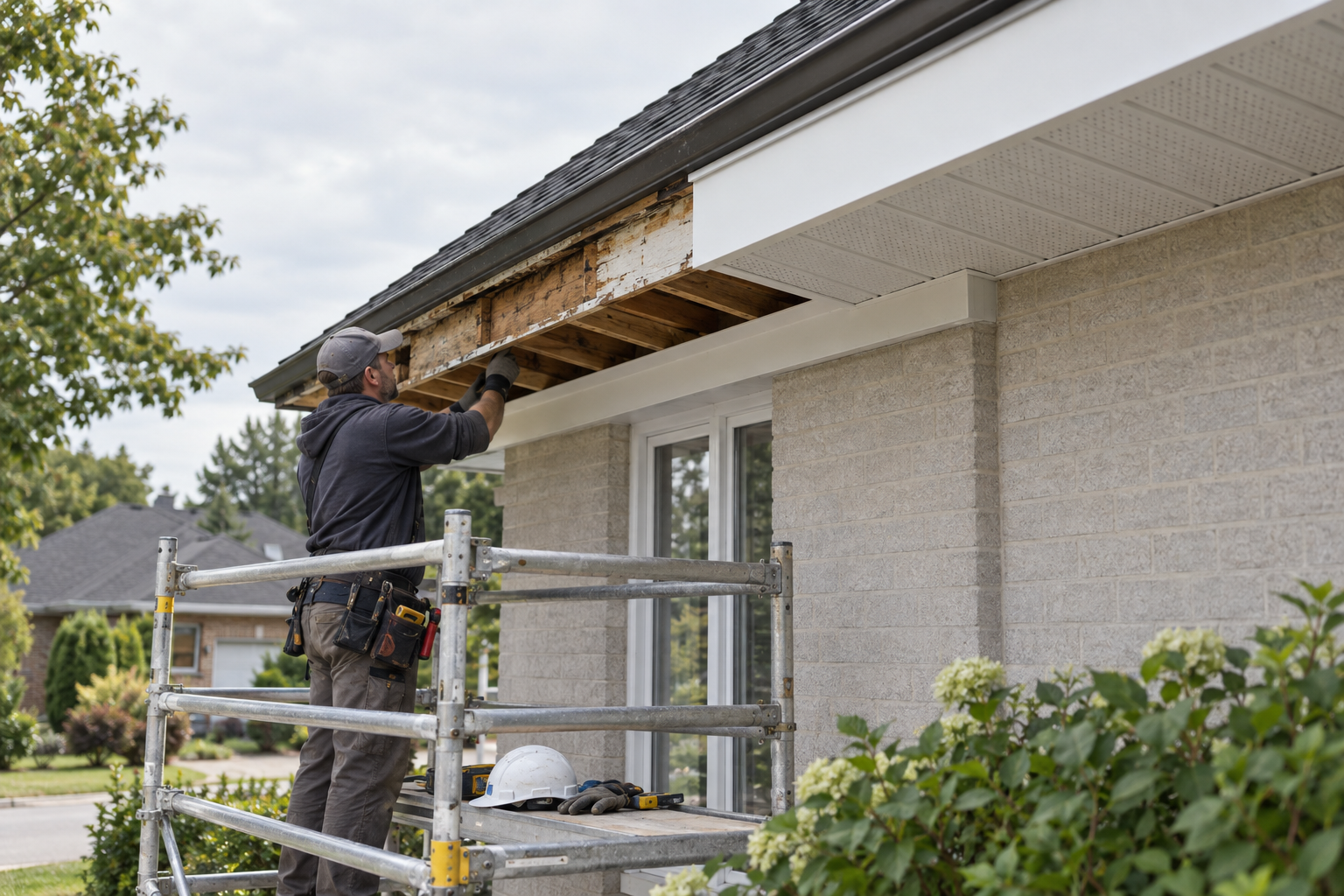 A builder in work gear repairs the eaves of a house using scaffolding for support.