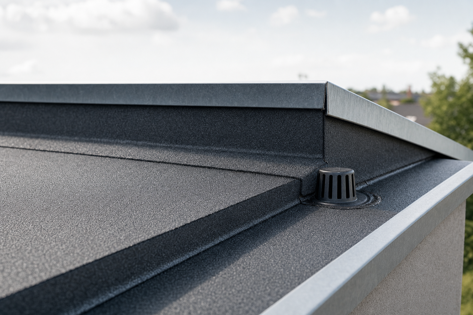 Flat asphalt roof with metal edges and a small black vent under a partly cloudy sky.