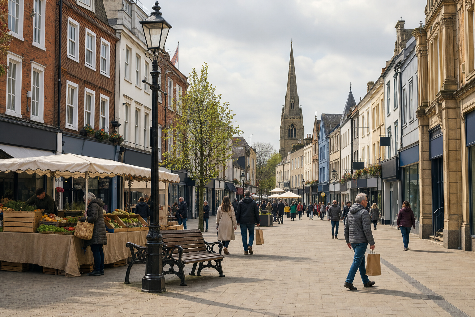 A bustling city street with market stalls, shoppers, historic buildings, and a church spire in the distance.