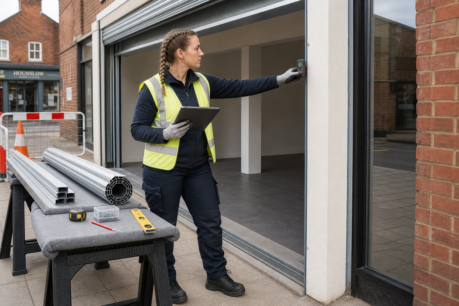Woman using a laser level at a construction site while holding a tablet.