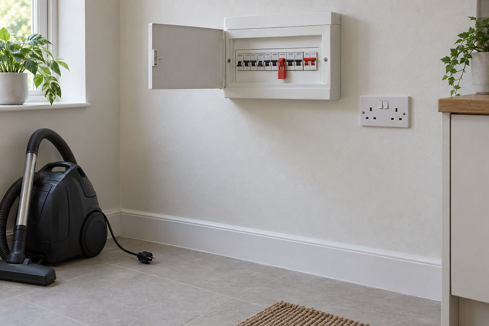 A vacuum cleaner sits near an open electrical fuse box and a power outlet on a tiled floor.