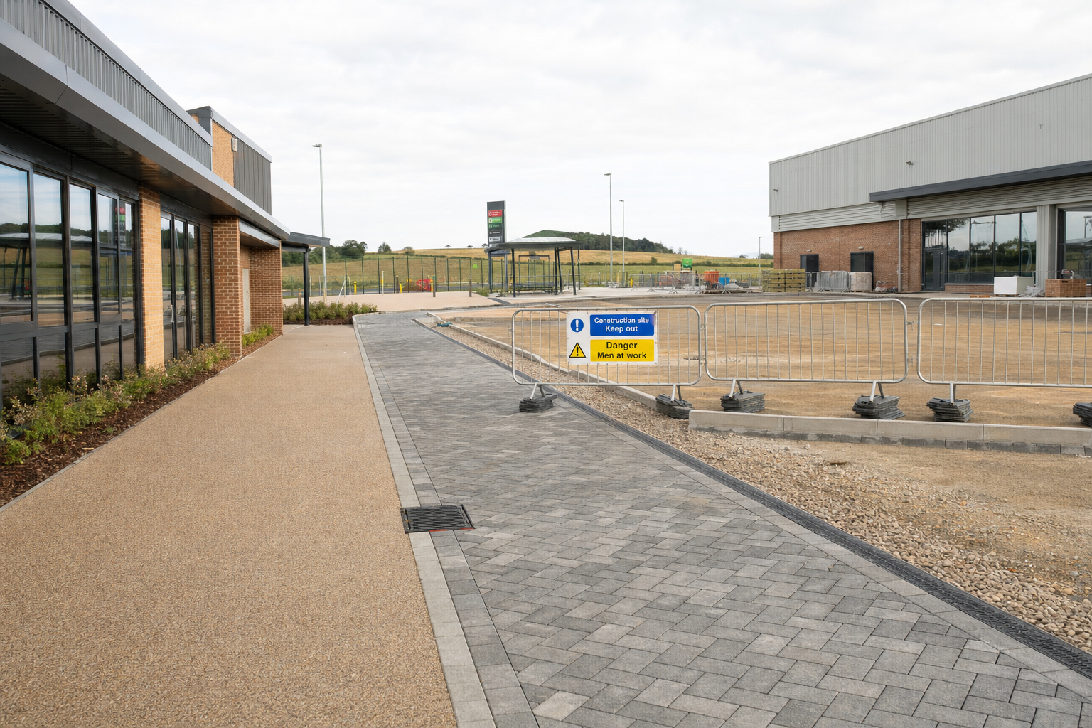 Construction site with a "Keep Out" sign and fenced-off area near modern buildings.
