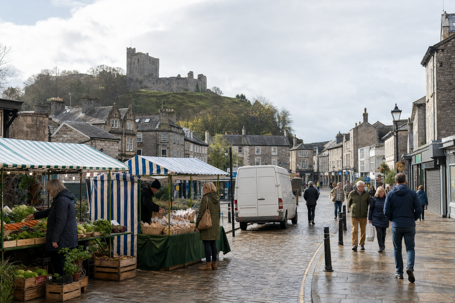 People walk through a market street lined with stalls, with a historic castle on the hill in the background.