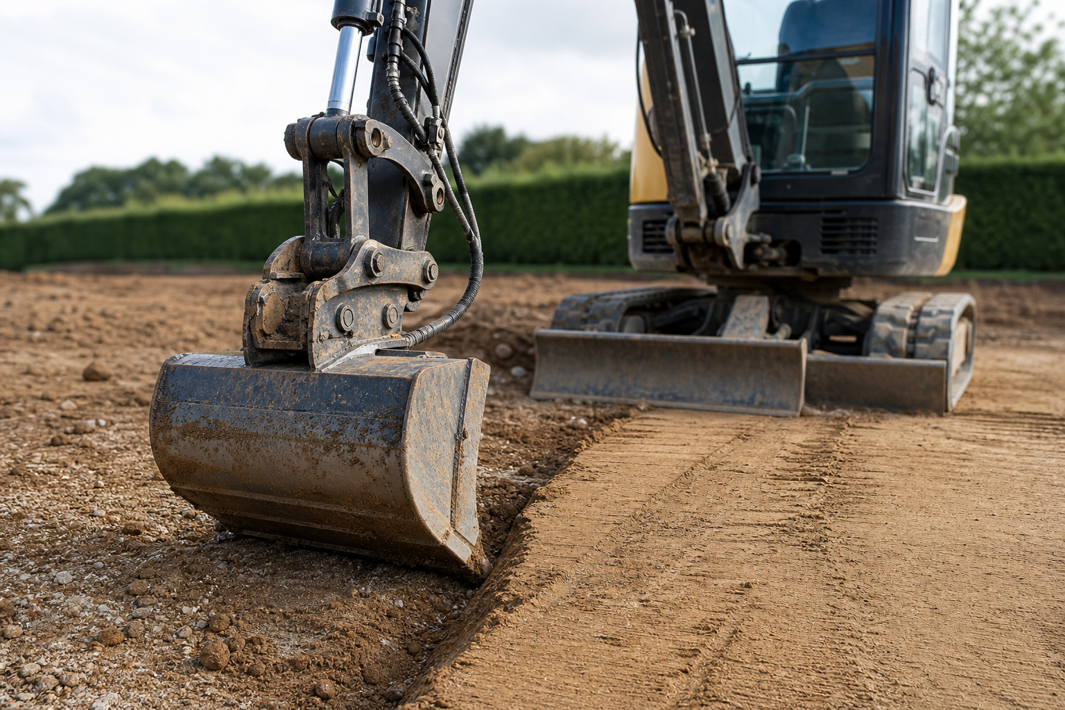A digger's bucket rests on a freshly levelled dirt surface, with trees in the background.