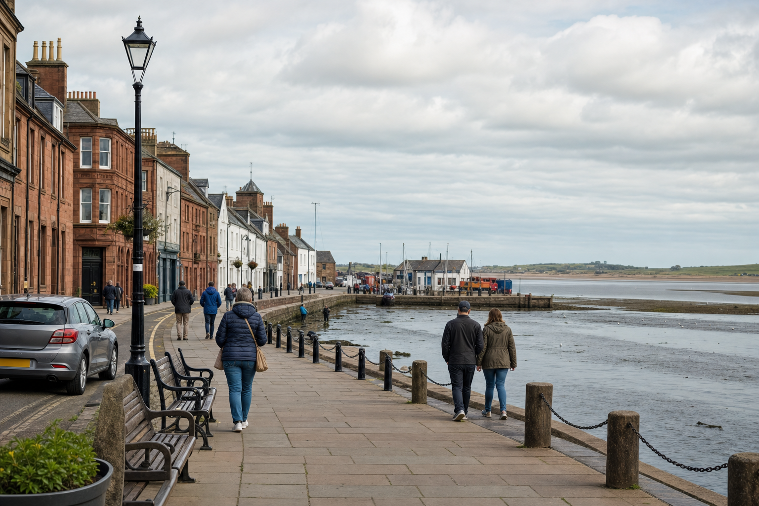 People strolling along a riverside promenade lined with historic buildings and benches under a cloudy sky.