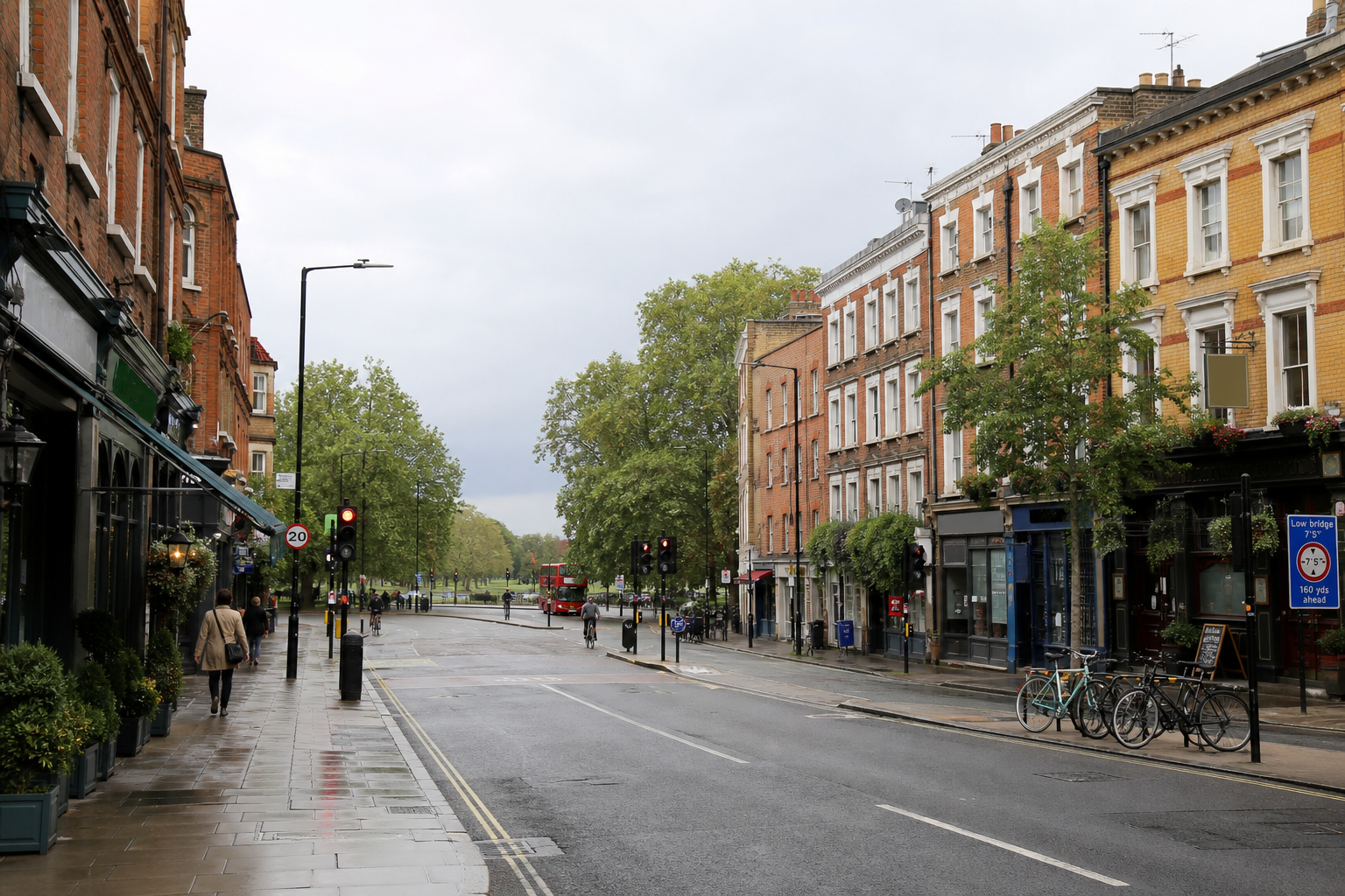 A quiet street lined with brick buildings, bicycles, and trees on a cloudy day.