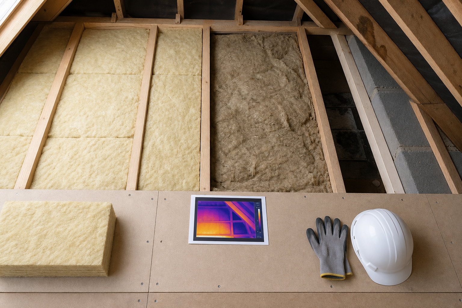 Attic insulation installation with thermal imaging report, helmet, and gloves on a wooden surface.