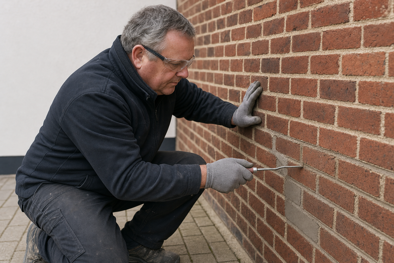 A man wearing protective eyewear and gloves repoints bricks on an exterior wall.