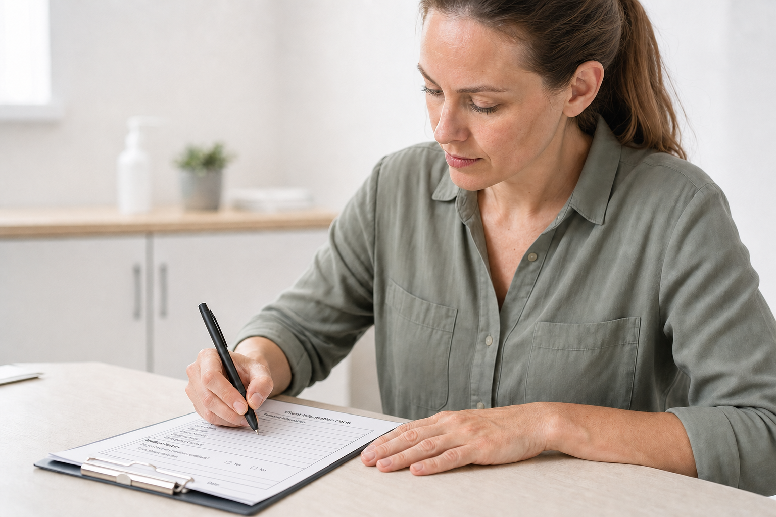 A woman in a grey shirt completes a client information form at a desk in an office setting.