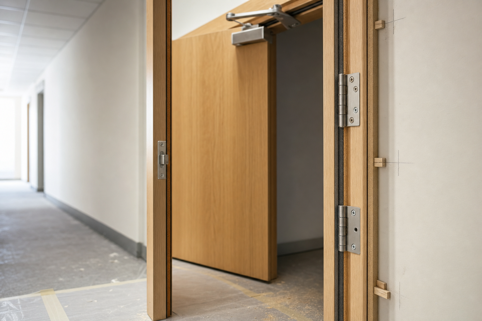Wooden door with metal hinges and door closer partially open in a quiet corridor.