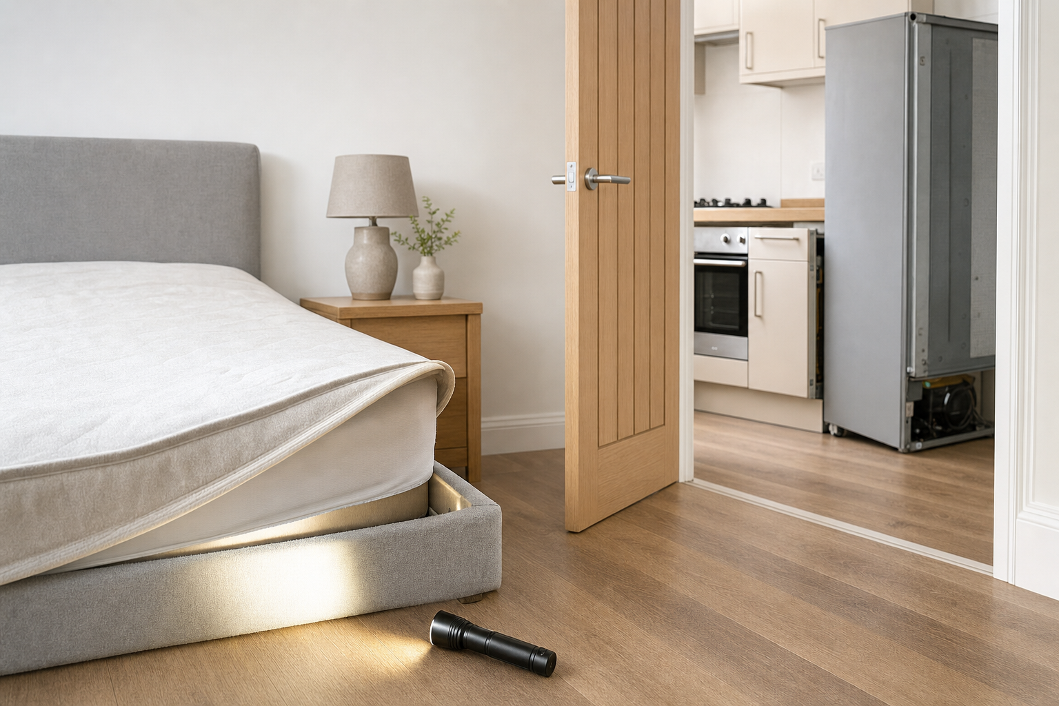 A bedroom with a bed frame lit by a torch on the floor, adjacent to a kitchen with an open refrigerator.