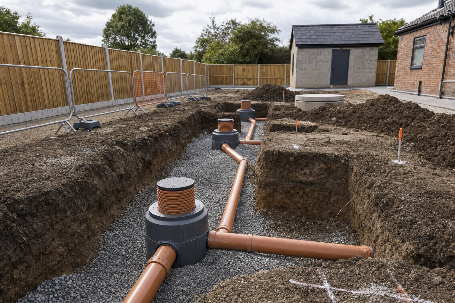 Construction site with exposed underground drainage pipes leading to a small utility building.