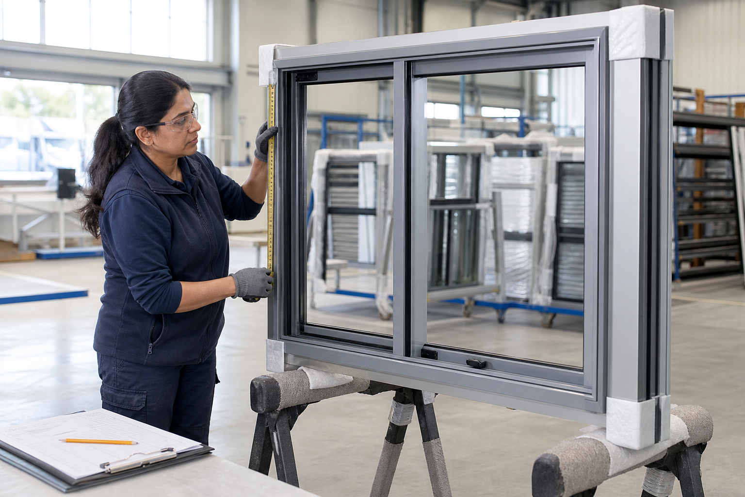 A woman measures a large window frame with a tape measure in a workshop.