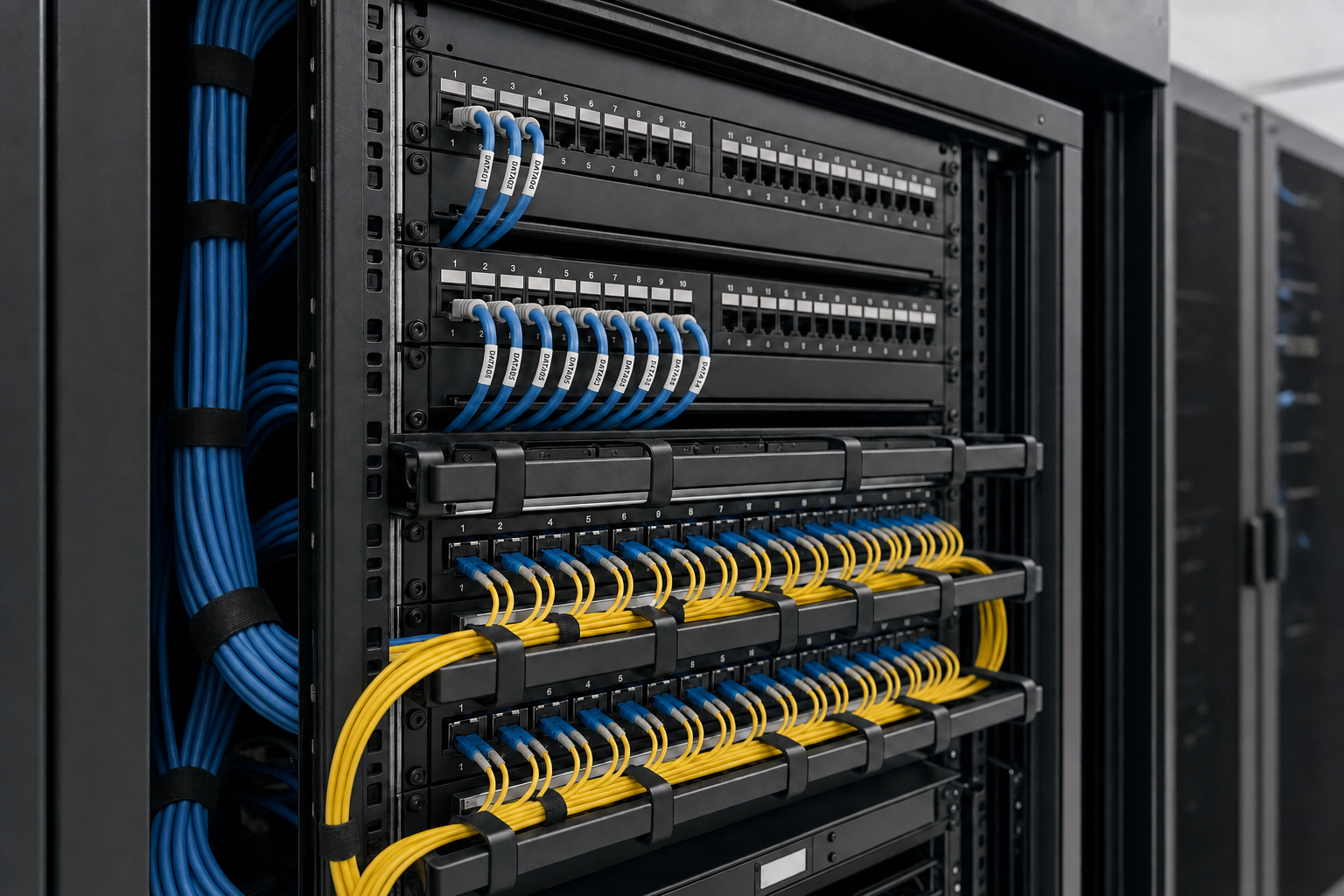 Data centre server rack with neatly organised blue and yellow network cables.