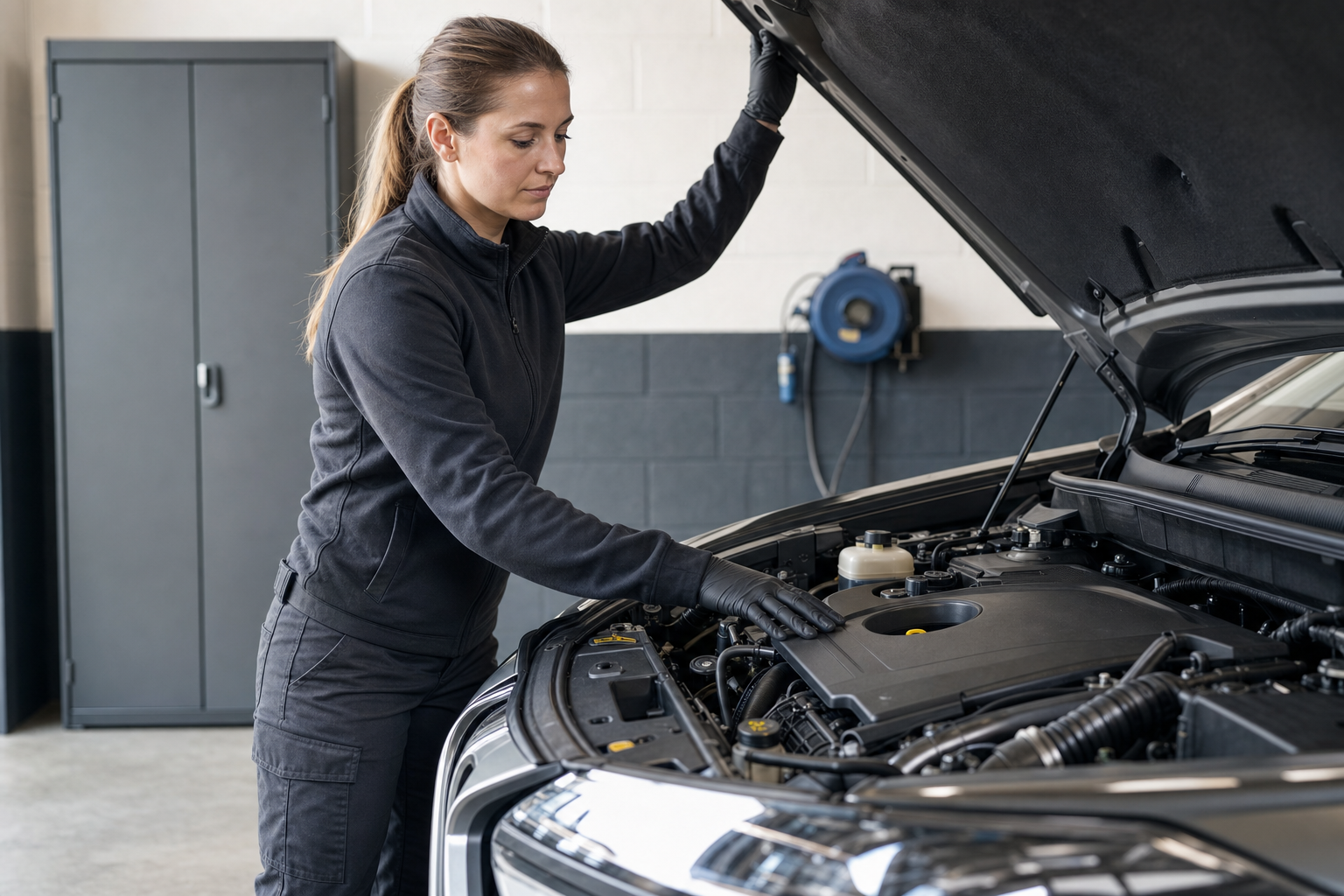Mechanic inspecting a car engine in a garage while wearing black gloves and uniform.