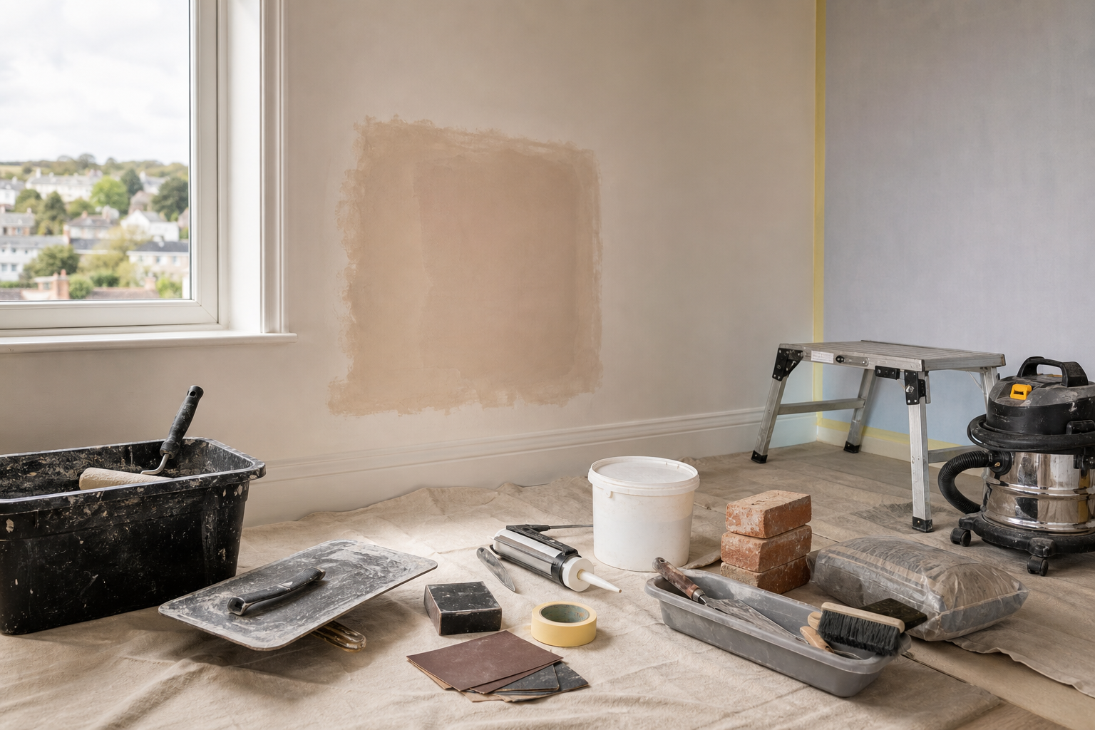 Room undergoing renovation with tools, vacuum, bricks, and a patch of plaster on the wall.