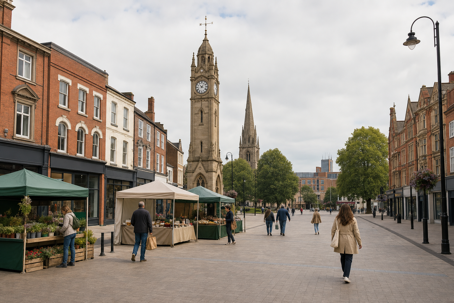 A bustling market day with stalls and a clock tower on an English town high street.