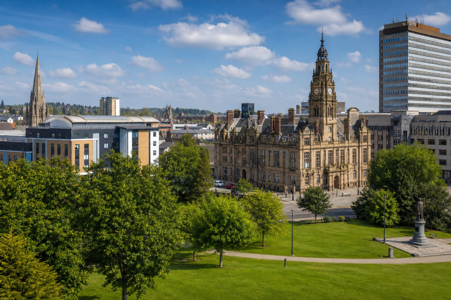 Historic building with a clock tower surrounded by greenery and modern structures under a blue sky.