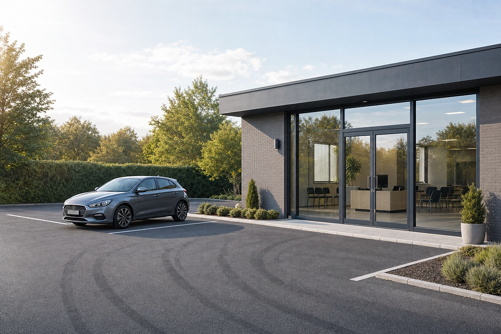 A grey car parked in front of a modern office building with large glass windows and surrounding greenery.