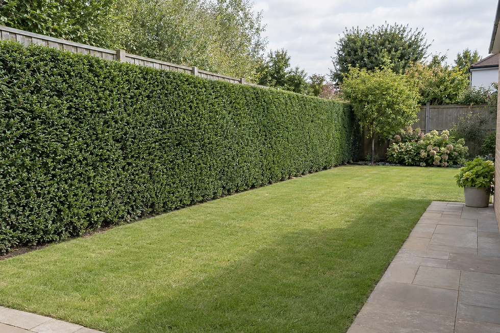 A neatly trimmed hedge borders a well-kept garden with a lawn and patio under a cloudy sky.