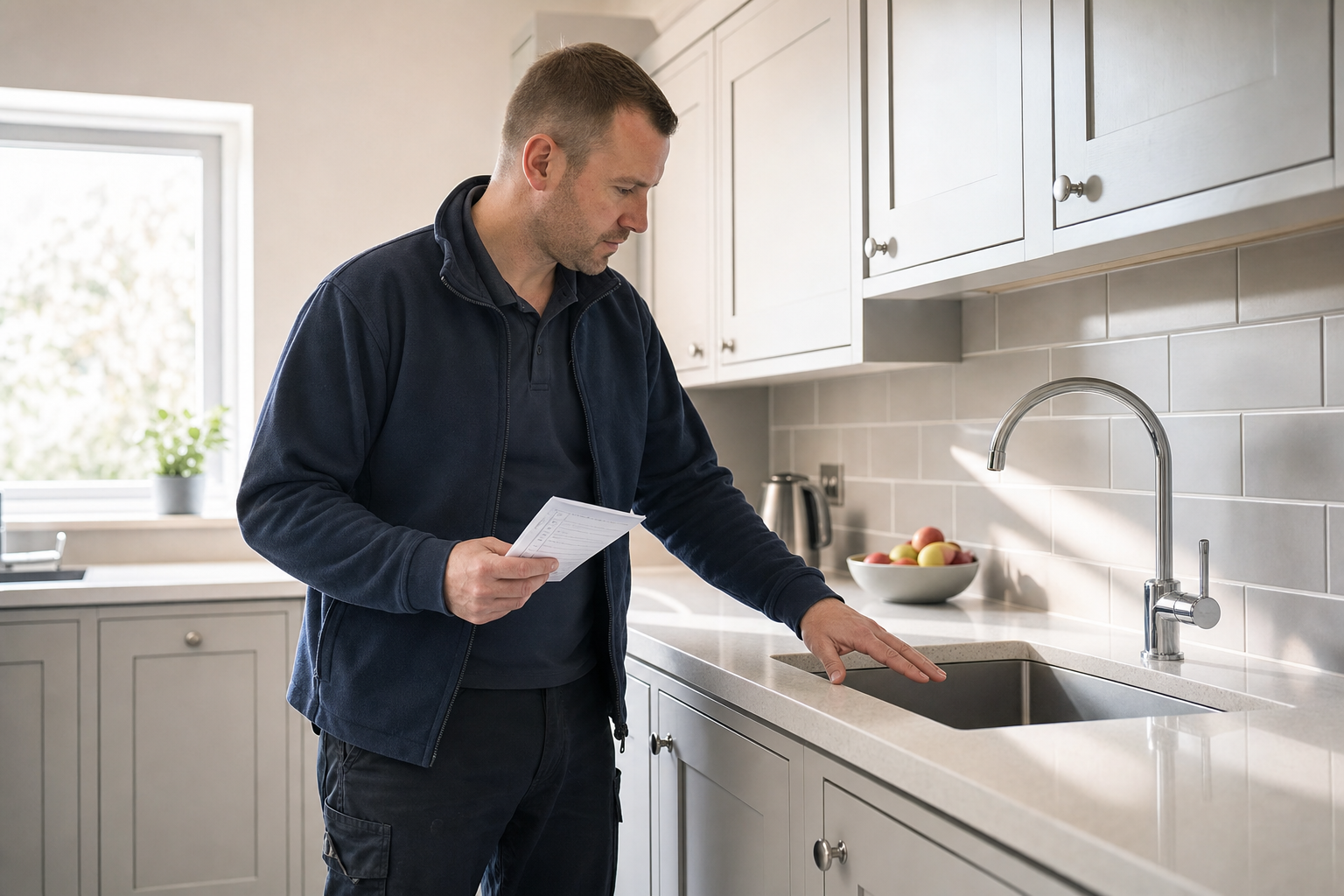 A man inspects a modern kitchen sink while holding a note, with sunlight streaming through a window.