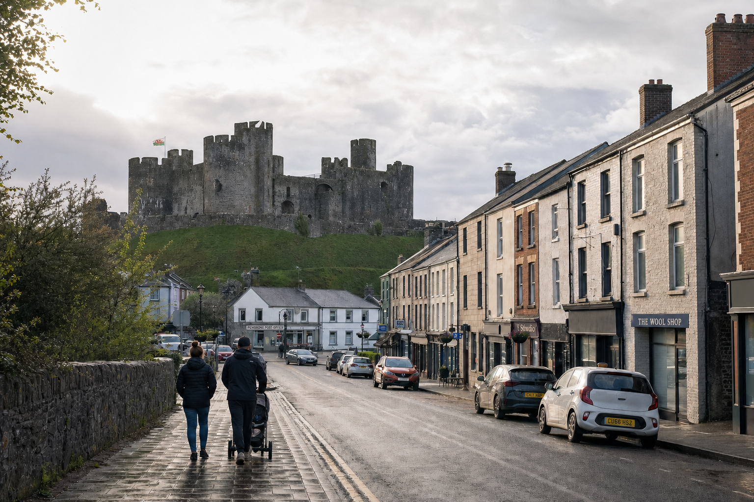 A couple with a stroller walks down a street with a large castle on a hill in the background.