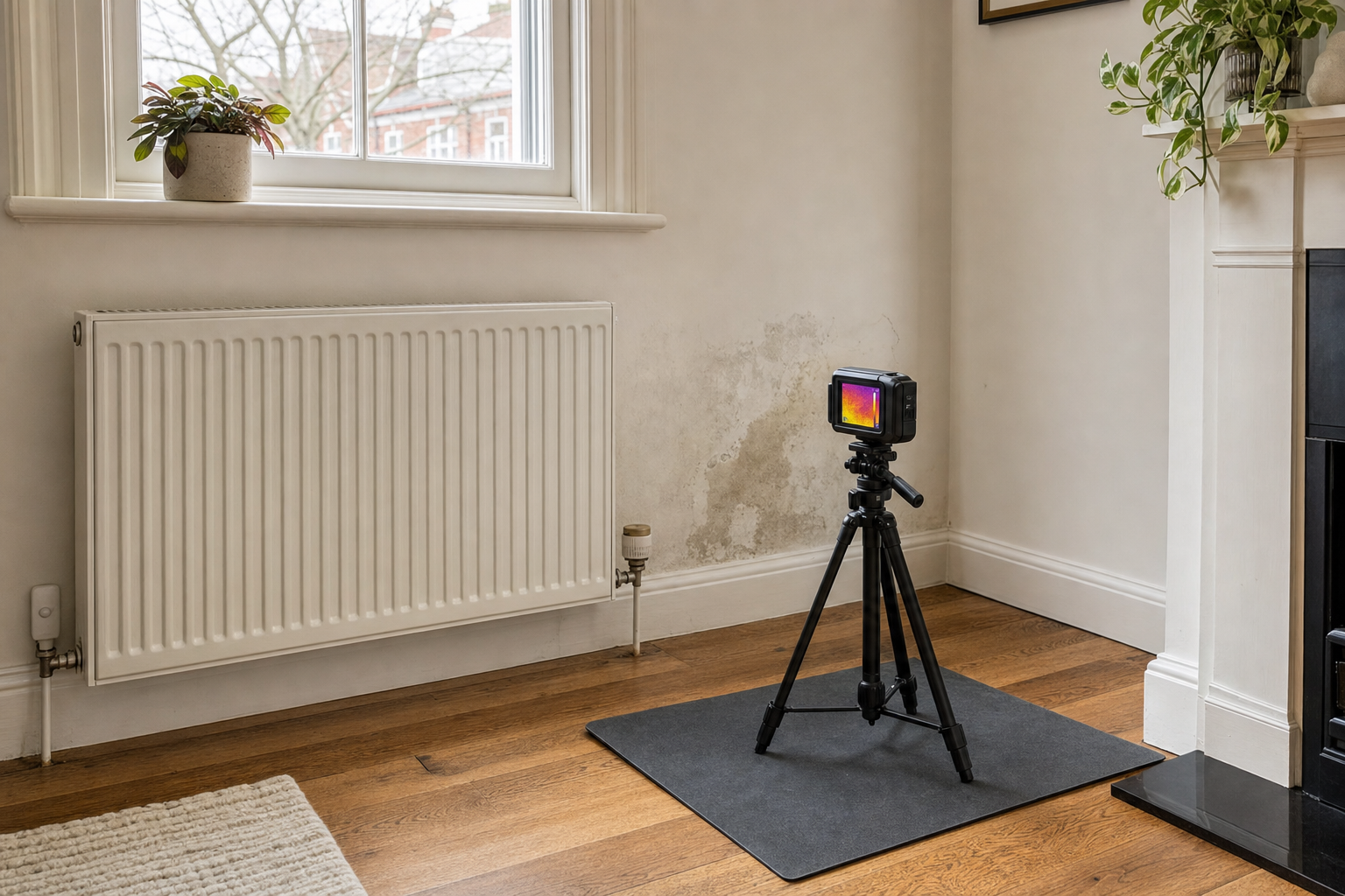 A thermal imaging camera on a tripod in a room with water-damaged walls and a radiator.