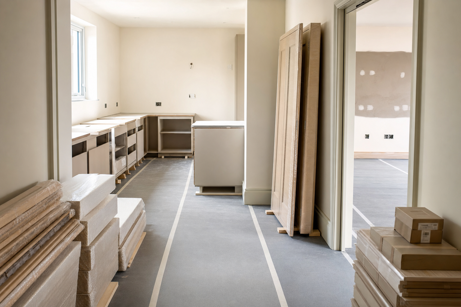 Unfinished kitchen interior with unpacked wooden cabinets and flooring in progress.