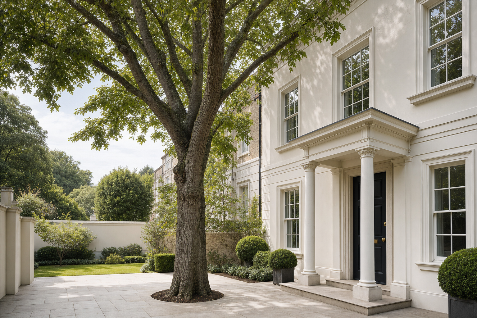 Elegant white Georgian-style house with a large tree in the foreground and a manicured garden.