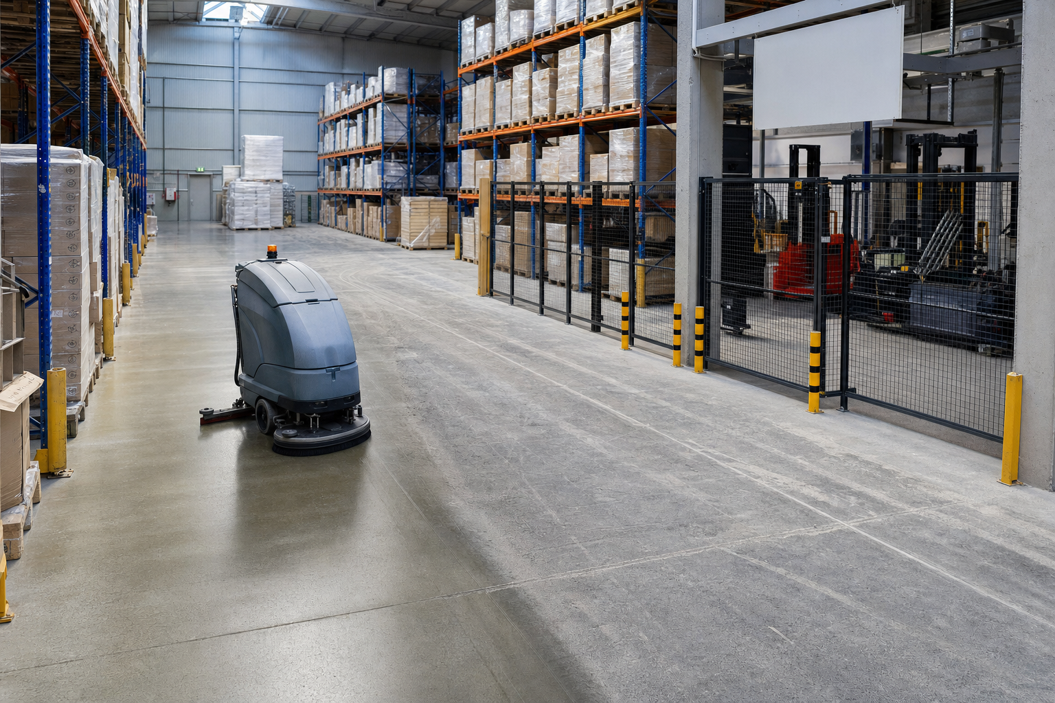 A cleaning machine operates in a large warehouse with shelves stacked with boxes.