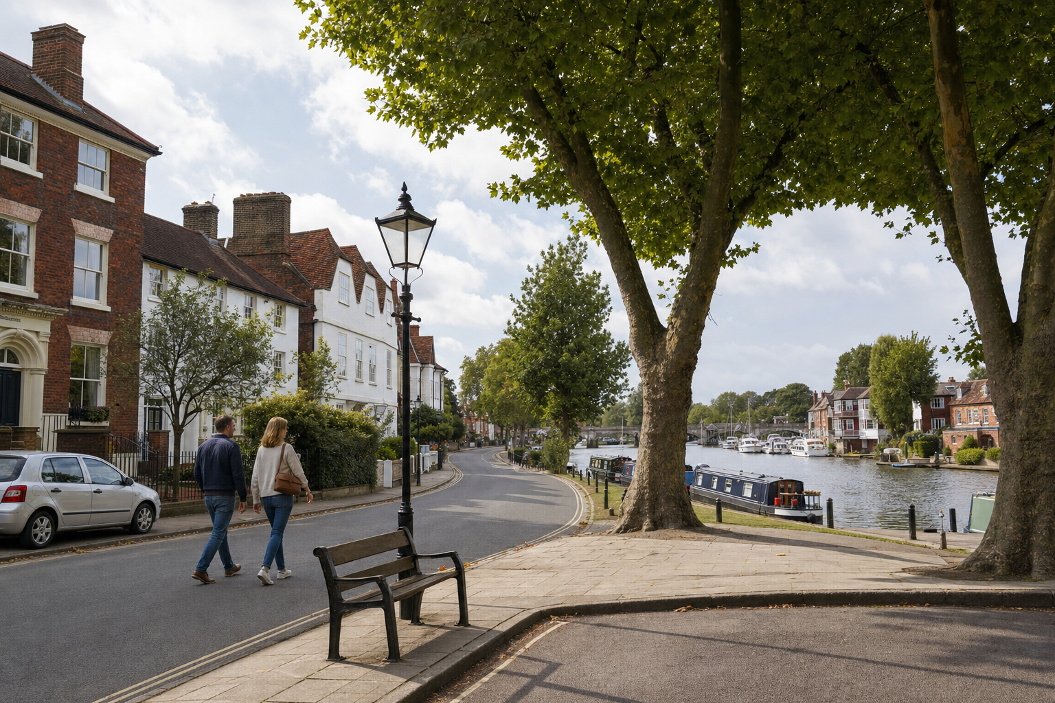 Two people walking along a riverside path lined with historic houses and trees under a partly cloudy sky.