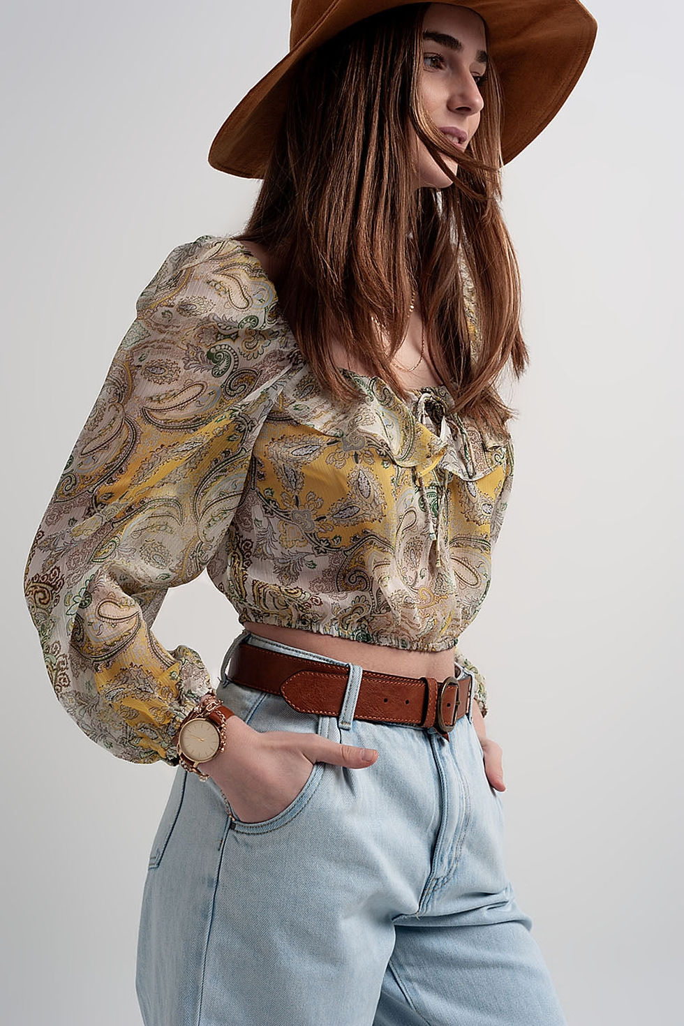 Thumbnail: Long Sleeve Sheer Top With Shirred Waist and Tie Detail in Cachemir