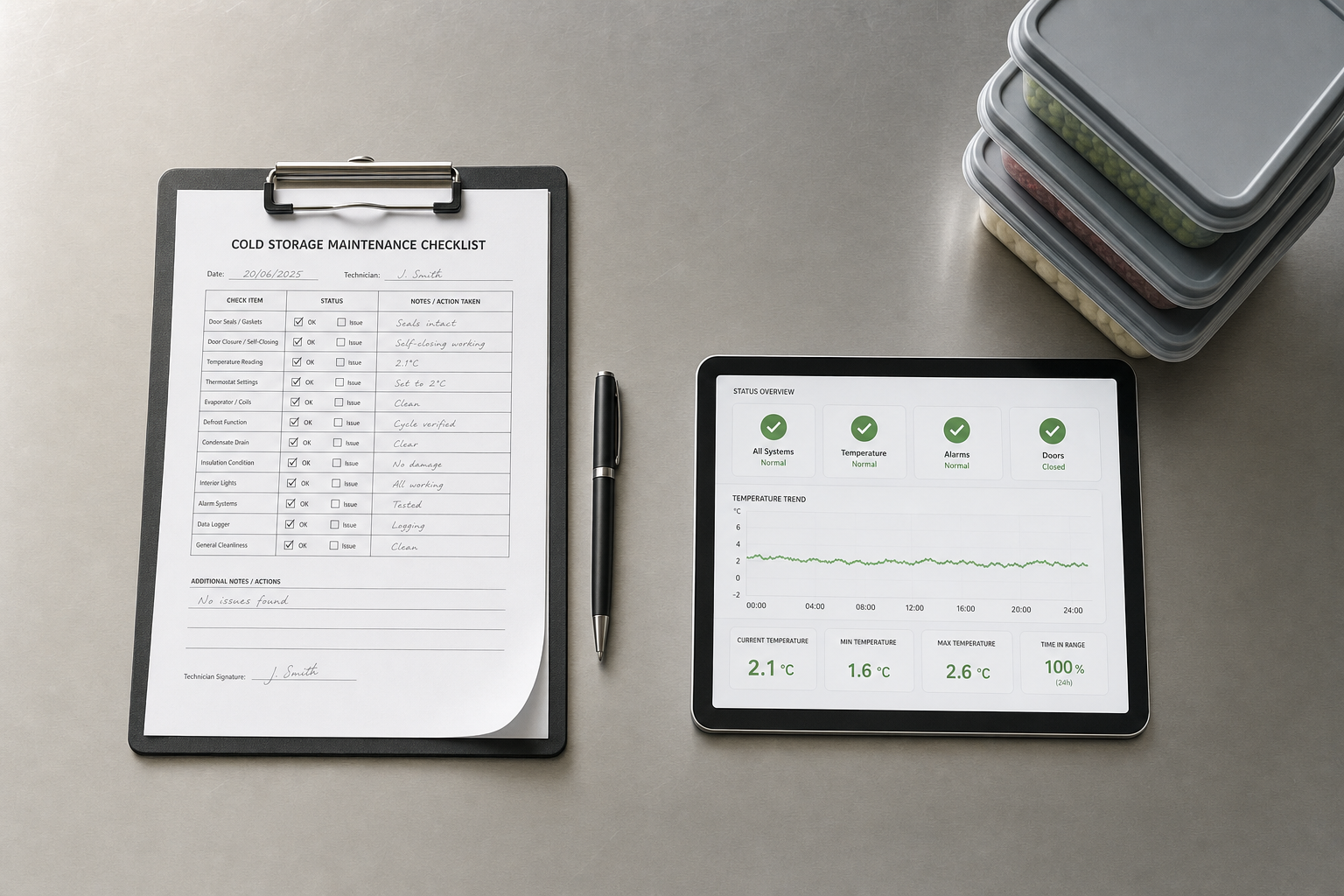 Cold storage maintenance checklist on a clipboard alongside a tablet displaying temperature data.
