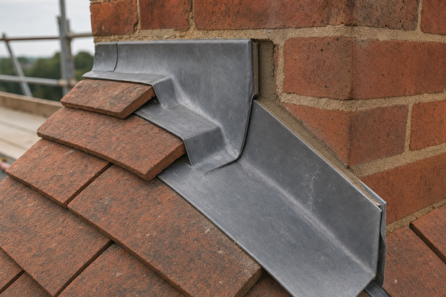 Close-up of red roof tiles with lead flashing against a brick chimney.