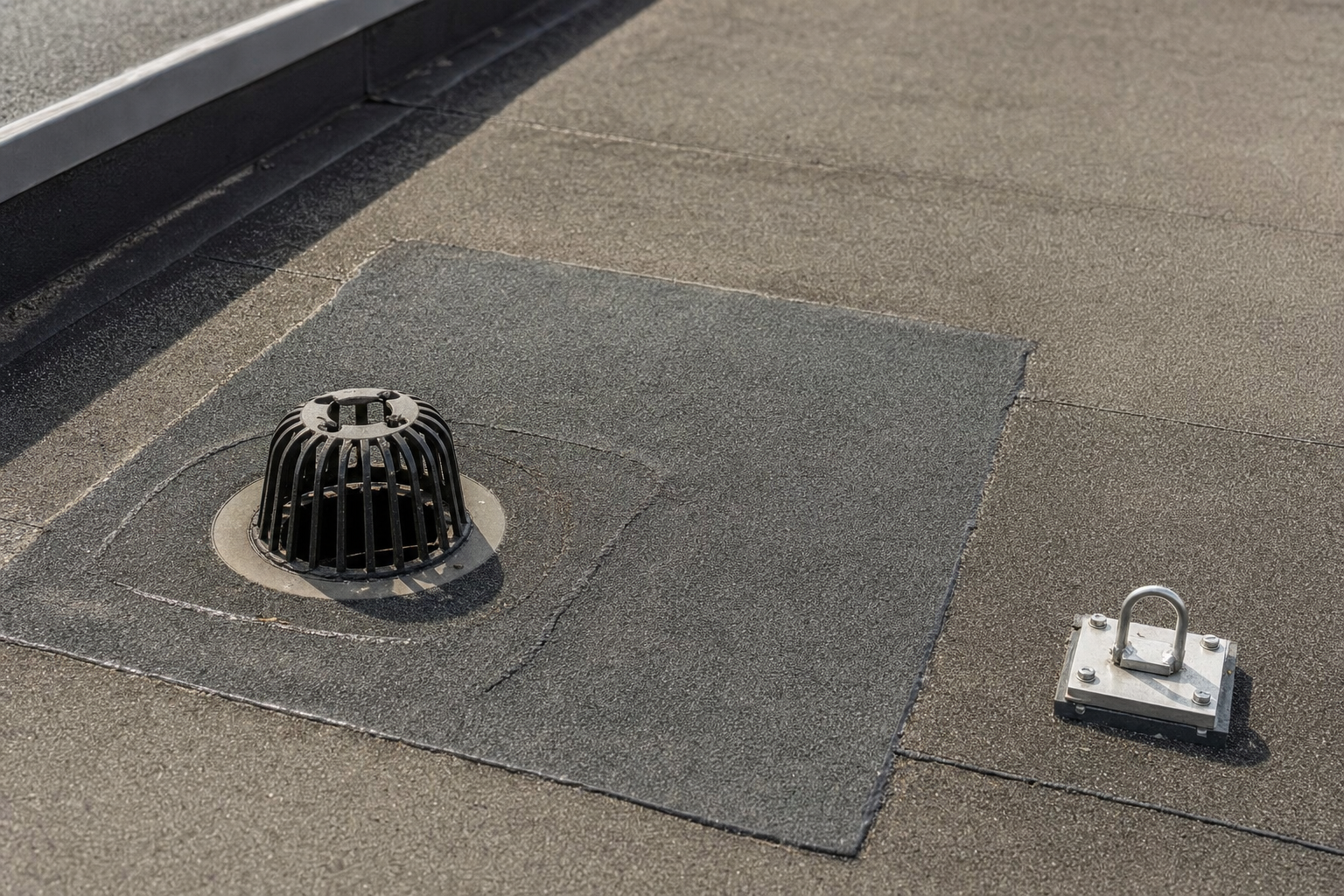 Flat roof with a drainage outlet and a metal anchor point installed on a waterproof surface.