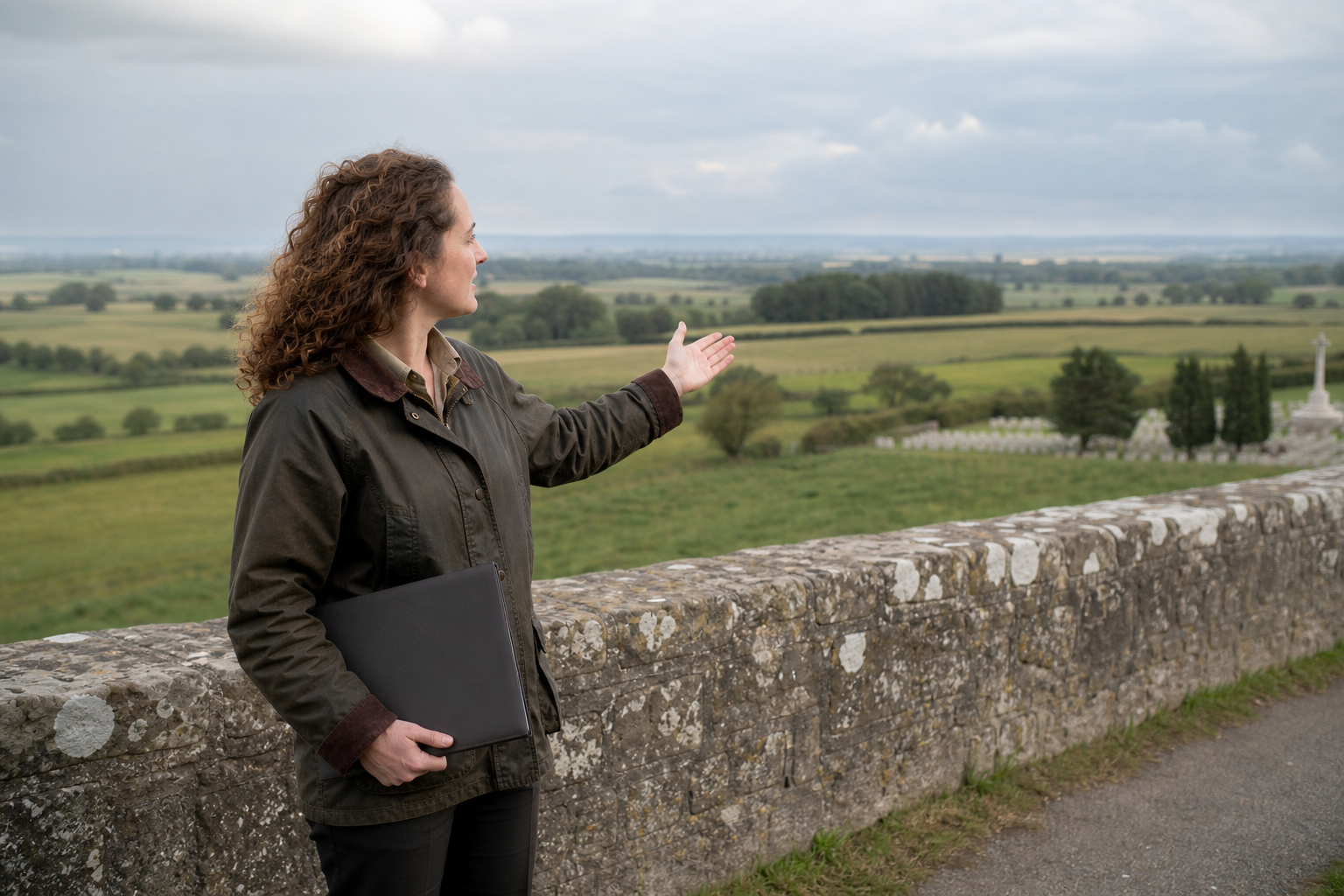Person gesturing towards a rolling countryside landscape while holding a folder.