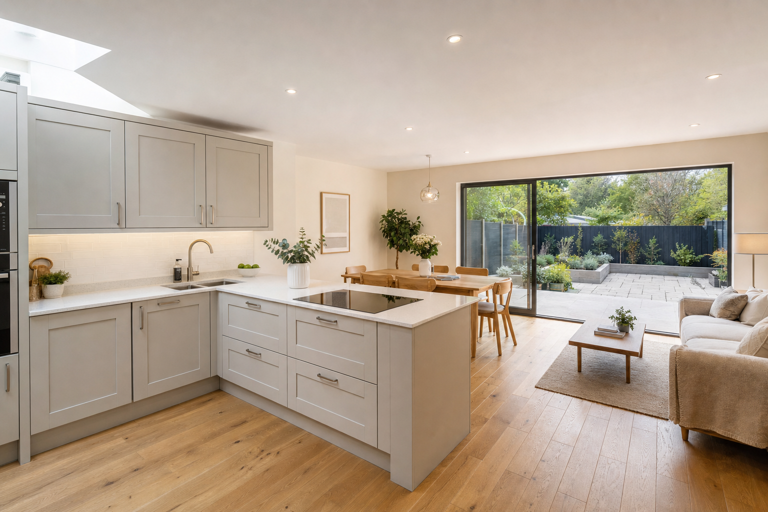 Modern open-plan kitchen and living room with light grey cabinets, wooden floors, and a view of a garden through large sliding doors.