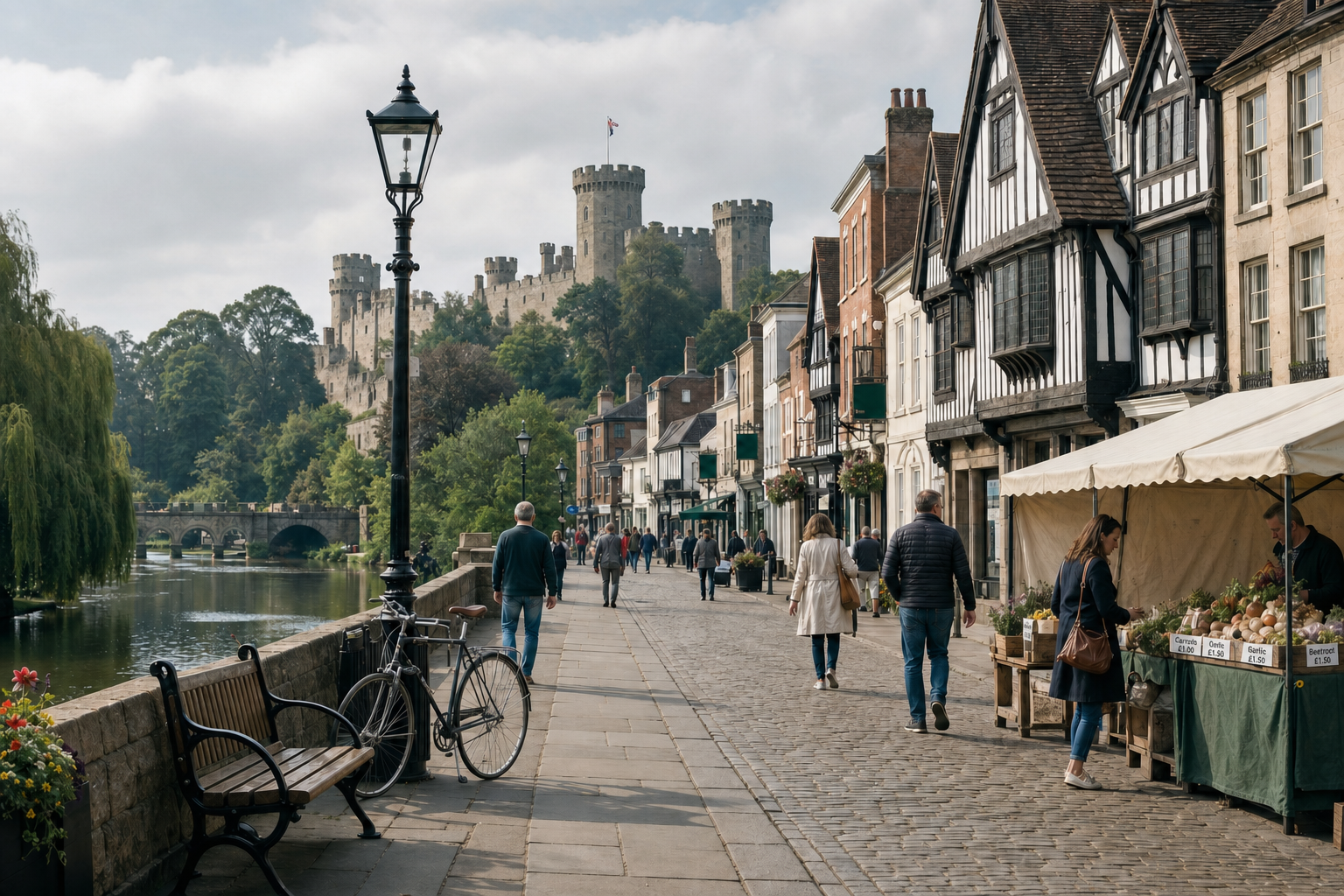 Pedestrians stroll along a riverside street lined with historic buildings and market stalls, with a castle visible in the background.