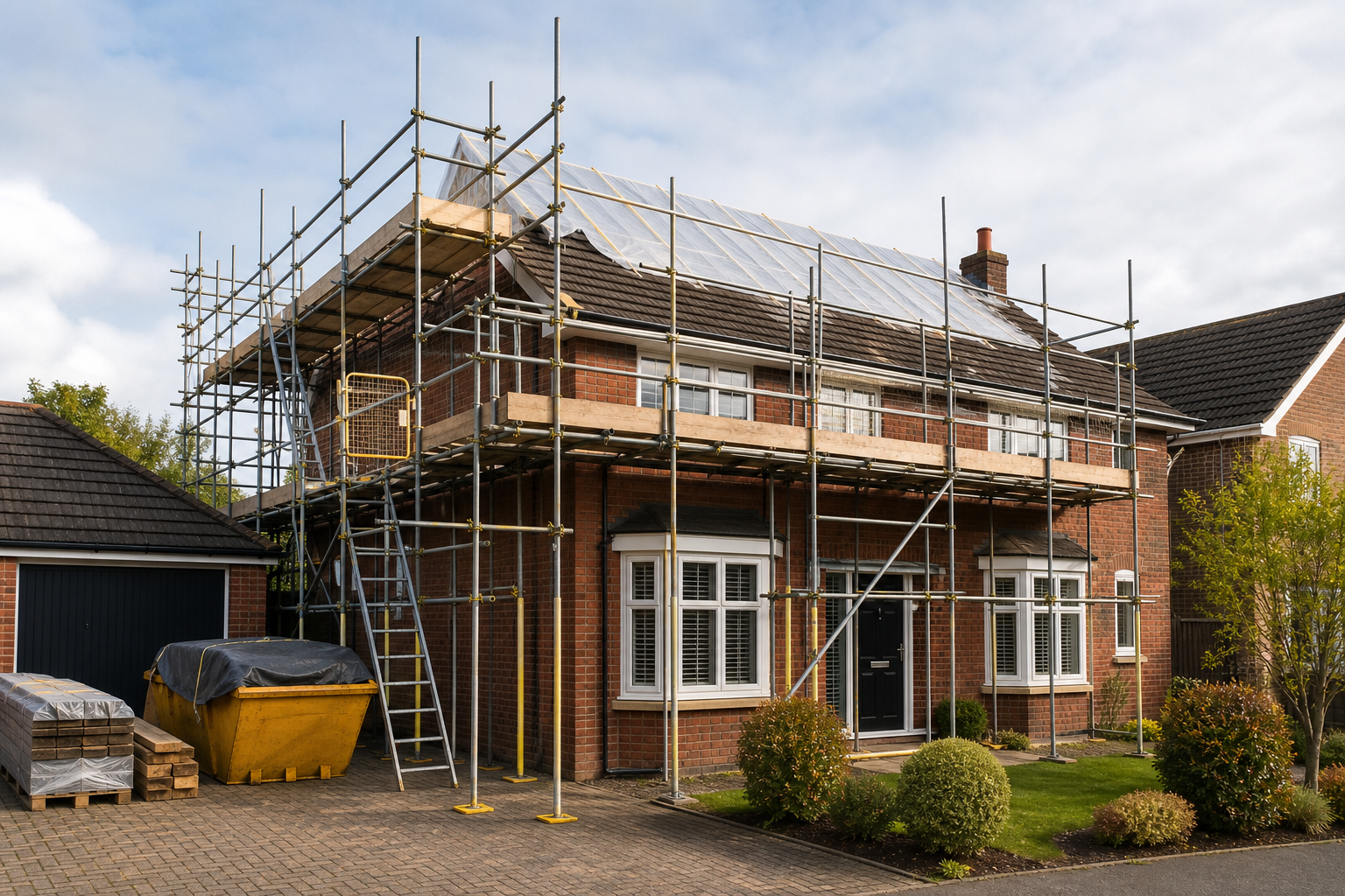 Two-story brick house under renovation with scaffolding and a yellow skip in the driveway.