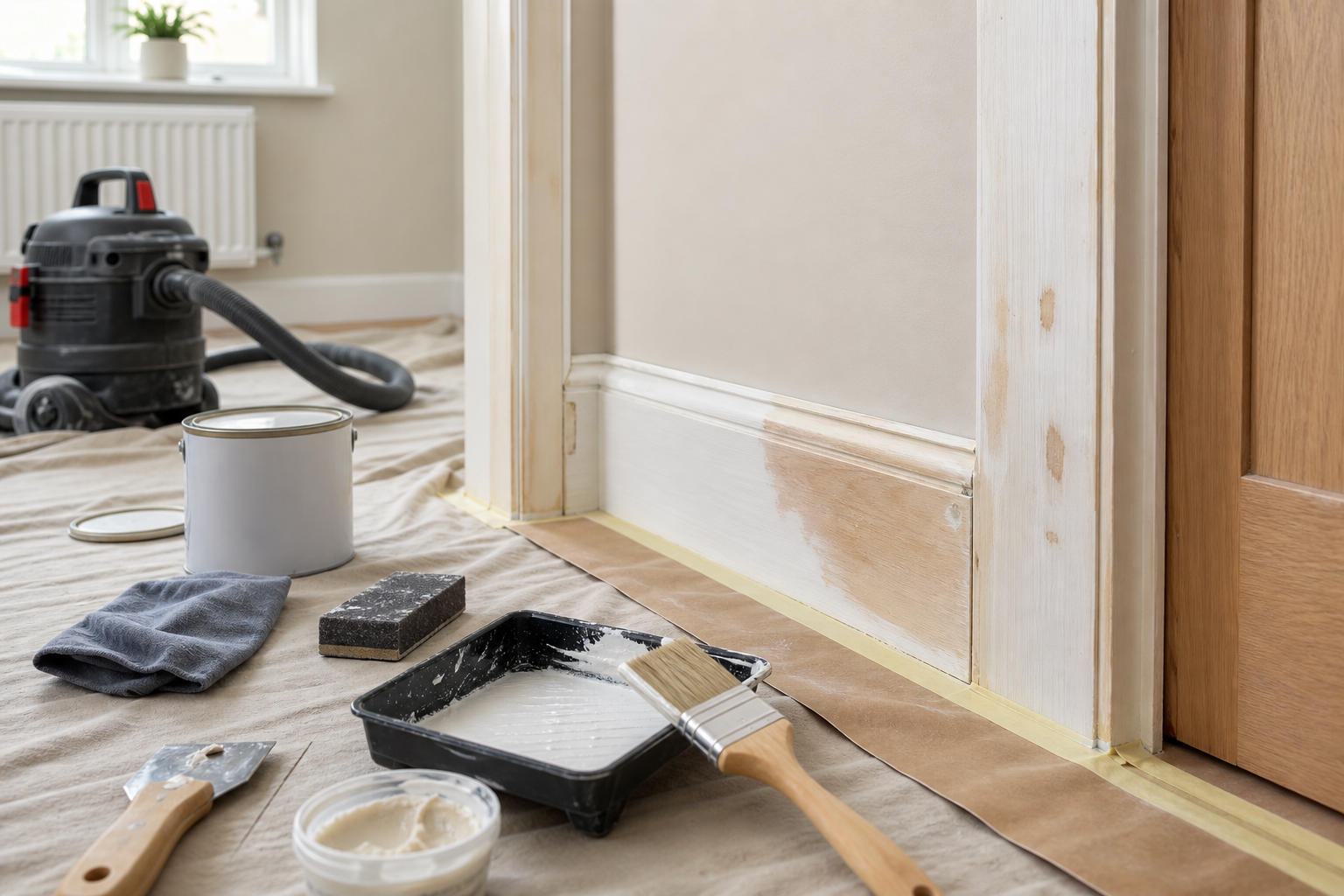 Home renovation scene with painting supplies, including a brush and white paint, next to a partially painted door frame.