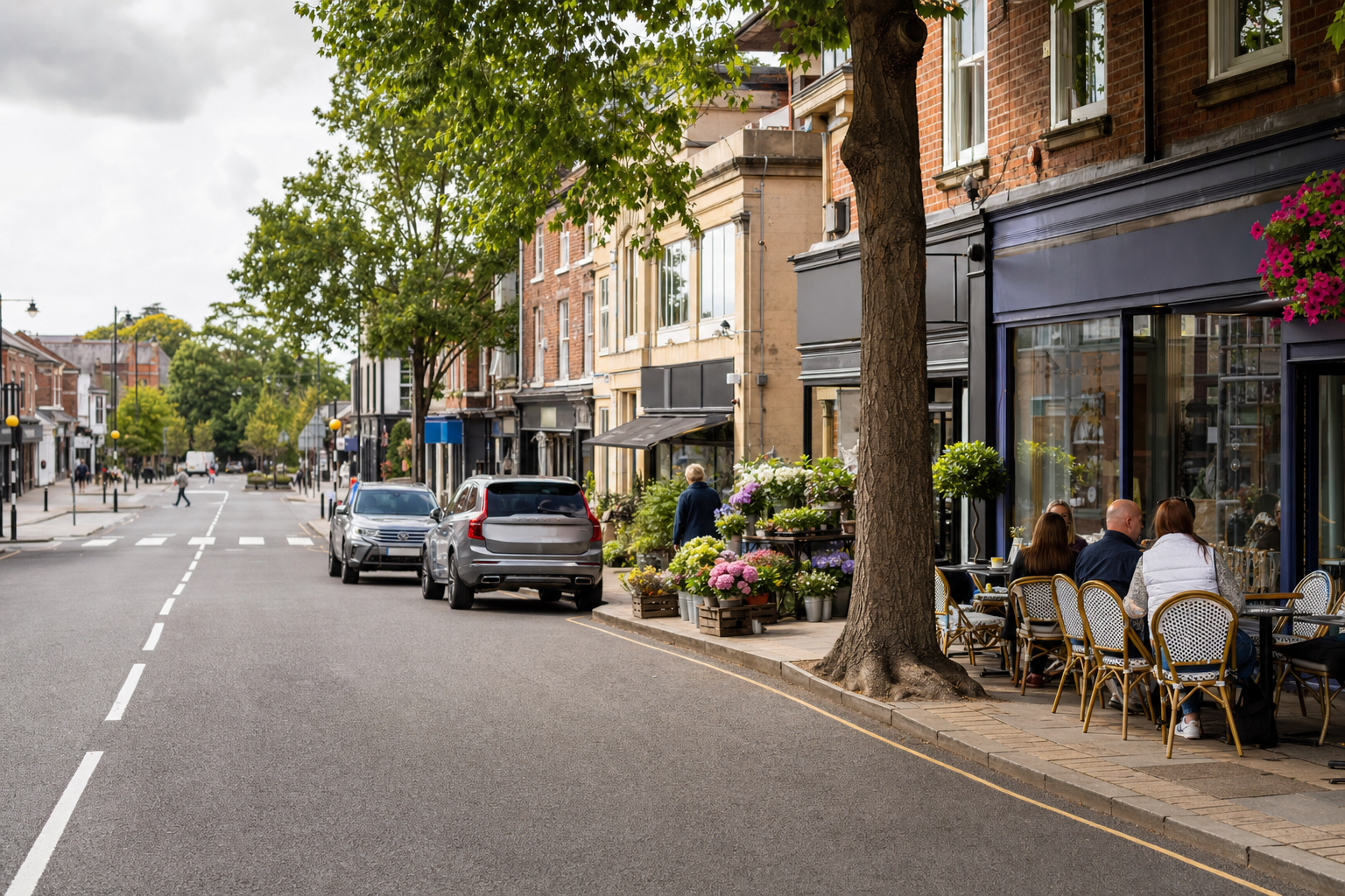 People dining at a café with outdoor seating on a tree-lined street in a quaint town.