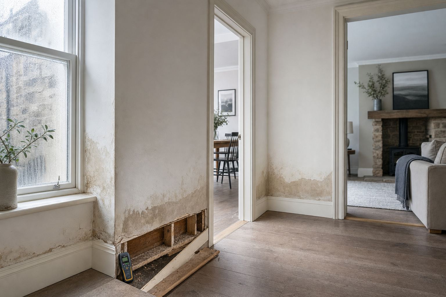 Room showing water damage on walls, with a moisture meter against exposed wall sections and view into adjoining rooms.